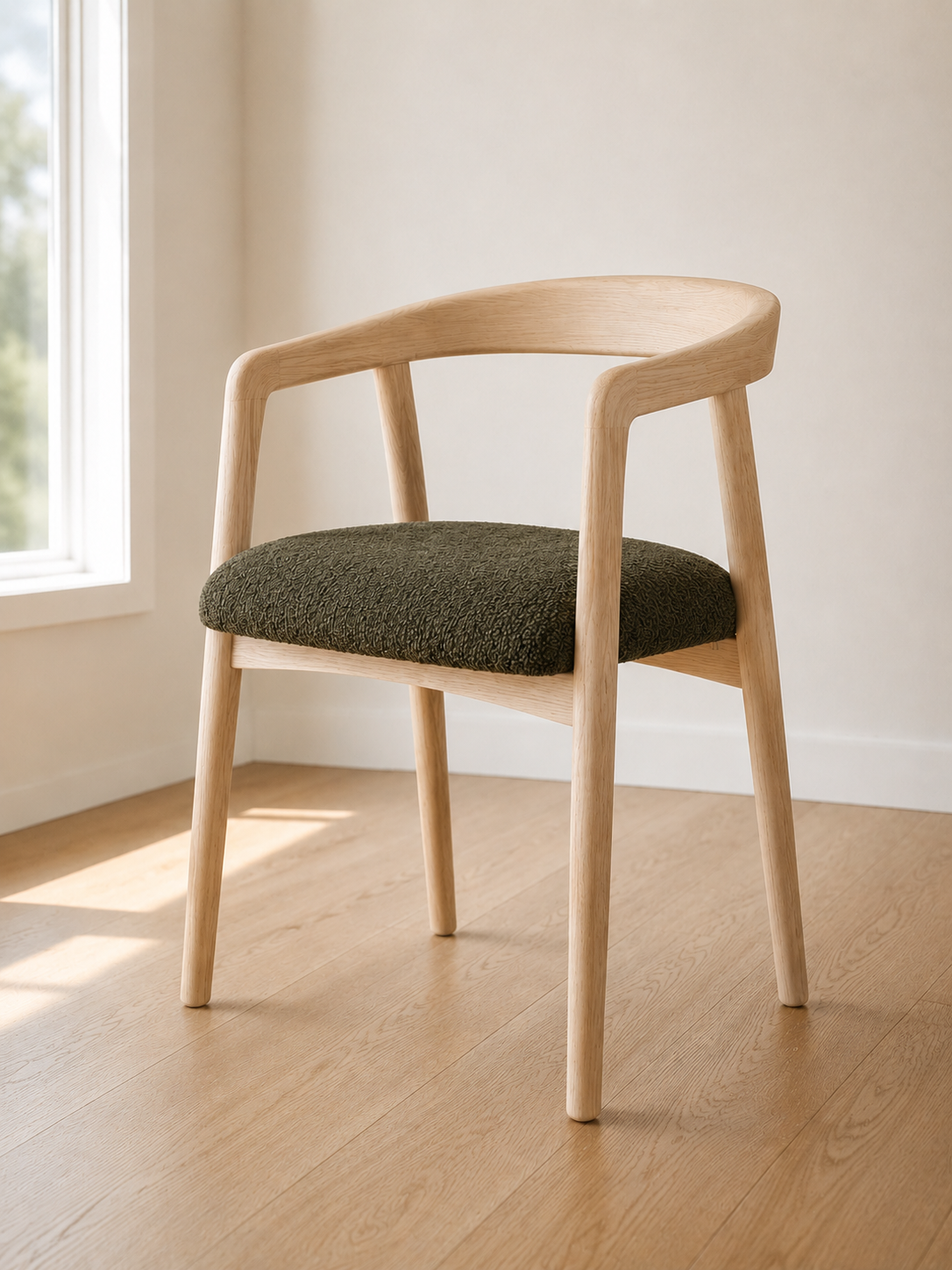 Brigitte dining armchairs in ash with olive boucle seats around a solid wood dining table